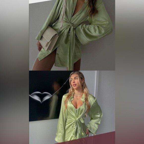 New Song of Style Marta Pistachio Green Mini Dress Wrap XS Revolve Satin - Picture 10 of 14